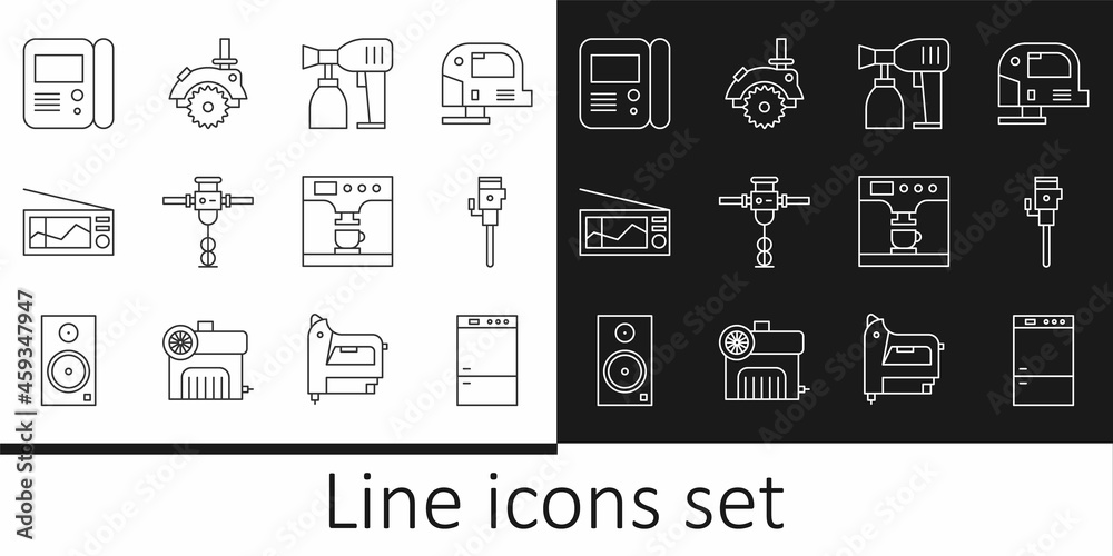 Set line Refrigerator, Construction jackhammer, Paint spray gun, Radio, House intercom system, Coffee machine and cup and Electric circular saw icon. Vector Set line Refrigerator, Construction jackhammer, Paint spray gun, Radio, House intercom system, Coffee machine and cup and Electric circular saw icon. Vector