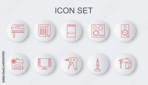 Set line Rotary hammer drill machine, Air compressor, Refrigerator, Vacuum cleaner, Electric jigsaw, Telephone, Smart Tv and hot glue gun icon. Vector