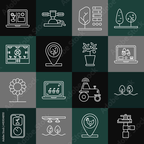 Set line Automatic irrigation sprinklers, Plant, Laptop application for smart farm, status, Location and tree, Smart farming technology, and pot icon. Vector