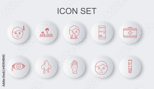 Set line Test tube and flask, Reddish eye allergic conjunctivitis, Handkerchief to his runny nose, Inflammation face, High human body temperature, Mold, Runny and with psoriasis or eczema icon. Vector