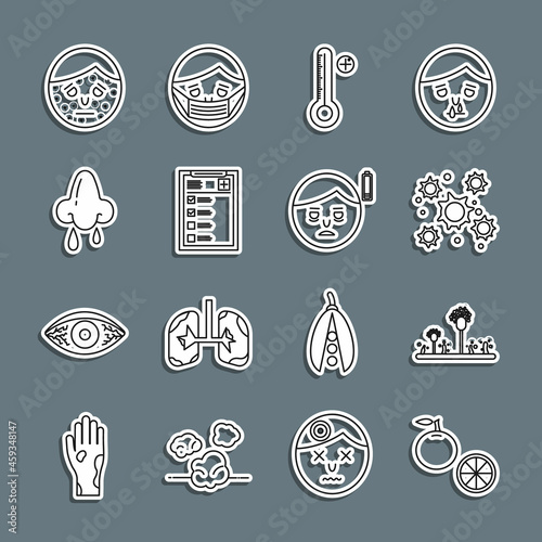 Set line Orange fruit, Mold, Bacteria, Medical digital thermometer, Clinical record, Runny nose, Face with psoriasis eczema and Fatigue icon. Vector
