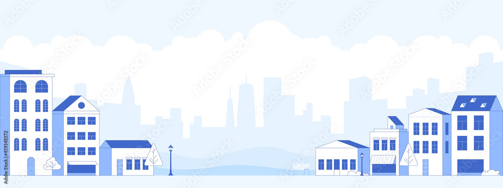 City street with apartments houses and skyscrapers on horizon background. Town view with house facades scene. Abstract architecture cityscape horizontal panorama. Vector illustration in flat style