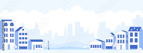 City street with apartments houses and skyscrapers on horizon background. Town view with house facades scene. Abstract architecture cityscape horizontal panorama. Vector illustration in flat style