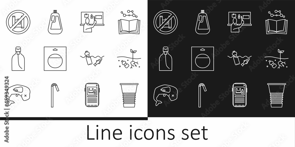 Set line Paper glass, Problem of pollution planet, Stop plastic, Battery in pack, Bottle liquid soap, Say no bags poster, the ocean and for dishwashing icon. Vector
