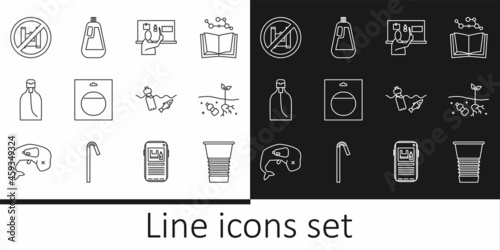 Set line Paper glass, Problem of pollution planet, Stop plastic, Battery in pack, Bottle liquid soap, Say no bags poster, the ocean and for dishwashing icon. Vector