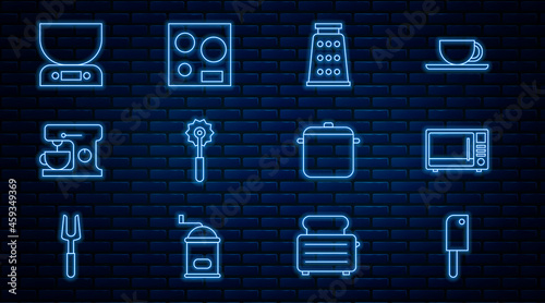 Set line Meat chopper, Microwave oven, Grater, Pizza knife, Electric mixer, Electronic scales, Cooking pot and stove icon. Vector