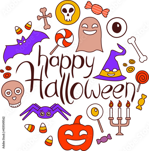 Collection of colored icons with phrase Happy Halloween