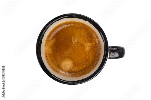 cup of coffee with foam on a white background top view