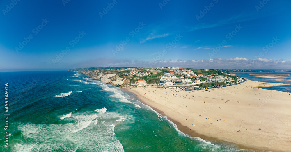 Aerial view of Foz do Arelho beach during summer, Portugal