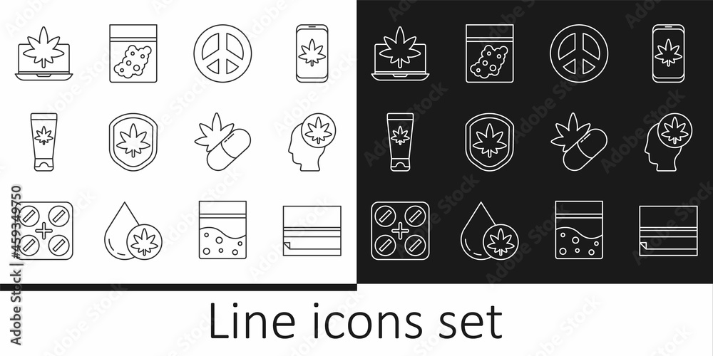 Set line Rolling paper, Head with marijuana or cannabis, Peace, Shield and leaf, Medical cream, Laptop, pills and Plastic bag of icon. Vector