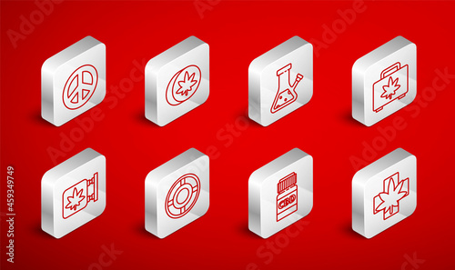 Set line Medical marijuana or cannabis leaf, Herbal ecstasy tablets, Glass bong for smoking, Shopping box of, bottle with, Peace, Ashtray and Marijuana and store icon. Vector