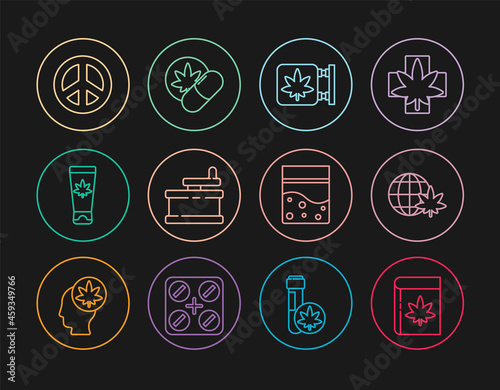 Set line Book and marijuana or cannabis, Legalize globe, Marijuana store, Manual grinder, Medical cream with, Peace, Plastic bag of and Herbal ecstasy tablets icon. Vector