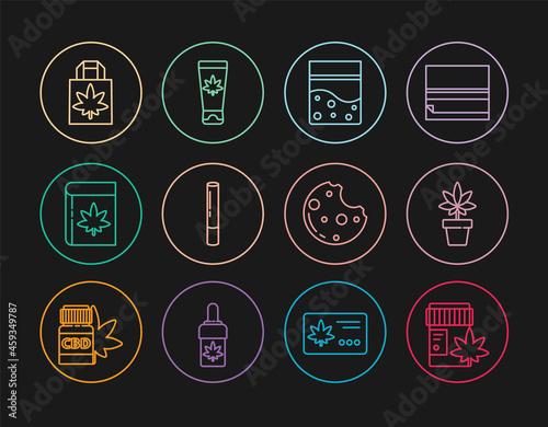 Set line Medical bottle with marijuana, Marijuana or cannabis plant, Plastic bag of, joint, Book and, Shopping paper, Cookies and cream icon. Vector