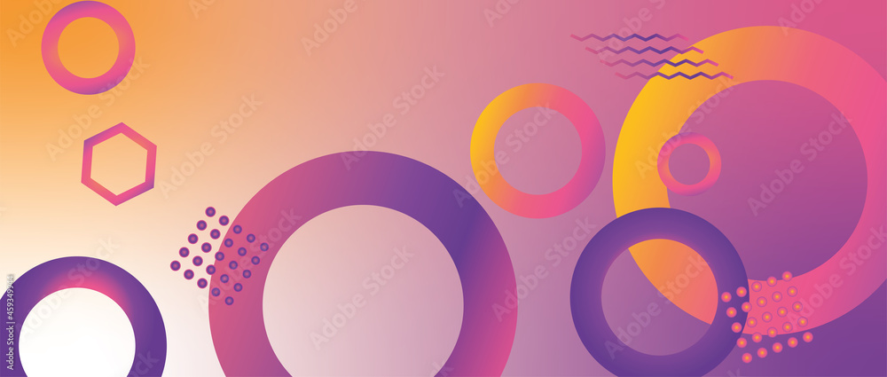 carte ou bandeau sur des dessins géométriques de plusieurs couleurs sur un fond en dégradé de jaune à rose 