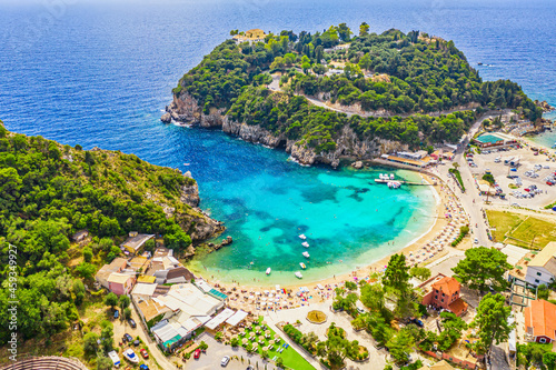 Aerial drone view of famous Paleokastritsa beach resort on Corfu island, Greece