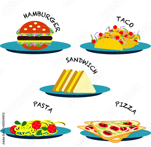 Hamburger, taco, sandwich , pasta, pizza are at your service.