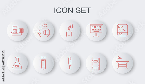 Set line Operating table, Test tube and flask, Medical oxygen mask, Stretcher, Blood pressure, with blood and thermometer icon. Vector