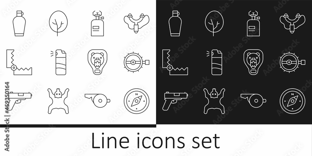 Set line Compass, Trap hunting, Camping gas stove, Pepper spray, Canteen water bottle, Bear head on shield and Tree icon. Vector