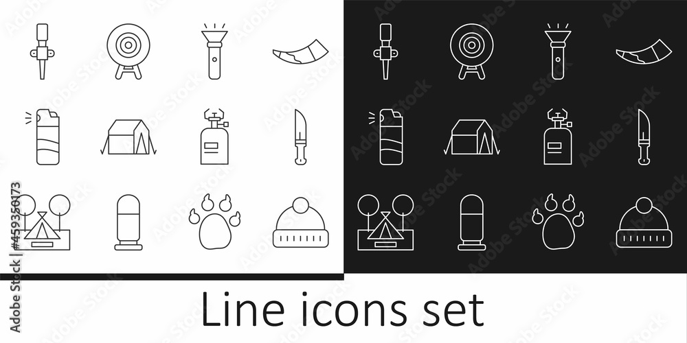Set line Winter hat, Hunter knife, Flashlight, Tourist tent, Pepper spray, Torch flame, Camping gas stove and Target sport icon. Vector
