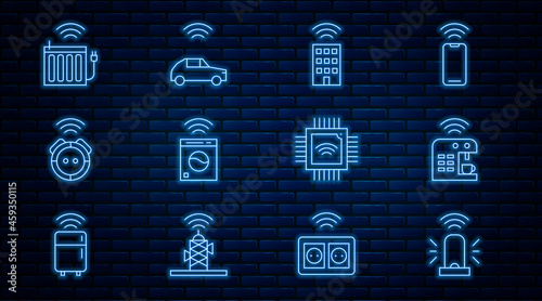 Set line Smart flasher siren, coffee machine, home with wireless, washer, Robot vacuum cleaner, heating radiator, Processor microcircuits CPU and car system icon. Vector