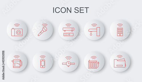 Set line Smart printer, electric kettle, Wireless TV box receiver, heating radiator, photo camera, microphone, smartphone and Smartwatch icon. Vector
