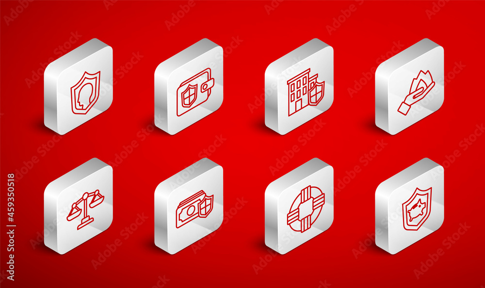 Set line Piggy bank with shield, Wallet, House, Hand holding fire, Lifebuoy, insurance, Money and Scales of justice icon. Vector Set line Piggy bank with shield, Wallet, House, Hand holding fire, Lifebuoy, insurance, Money and Scales of justice icon. Vector