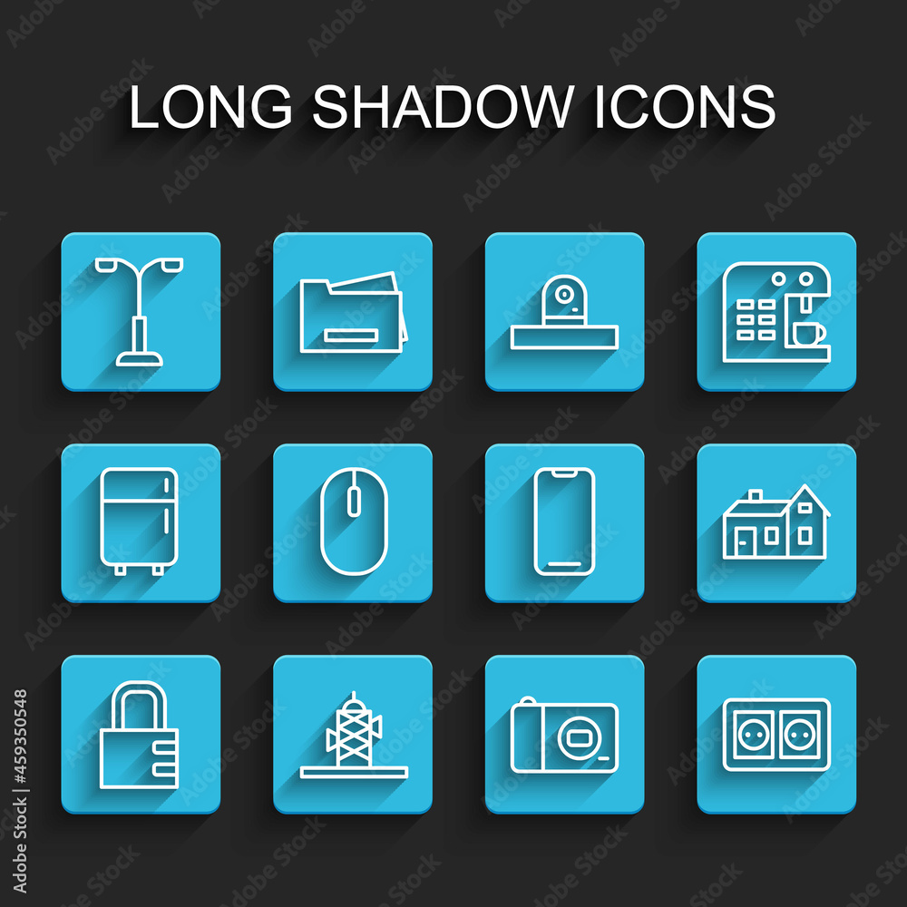 Set line Safe combination lock, Antenna, Street light, Photo camera, Electrical outlet, Computer mouse, House and Smartphone icon. Vector Set line Safe combination lock, Antenna, Street light, Photo camera, Electrical outlet, Computer mouse, House and Smartphone icon. Vector