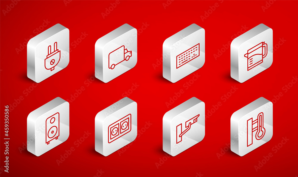 Set line Meteorology thermometer, Delivery cargo truck, Keyboard, Electric kettle, Security camera, plug, Electrical outlet and Stereo speaker icon. Vector Set line Meteorology thermometer, Delivery cargo truck, Keyboard, Electric kettle, Security camera, plug, Electrical outlet and Stereo speaker icon. Vector