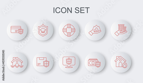 Set line Fire in burning house, House flood, Lifebuoy, Money with shield, Credit card, Graduation cap, Delivery security and Location icon. Vector