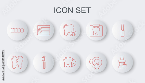 Set line Mouthwash bottle, Broken tooth, Tooth with caries, Online dental care, Dentures model, Dental floss and treatment procedure icon. Vector
