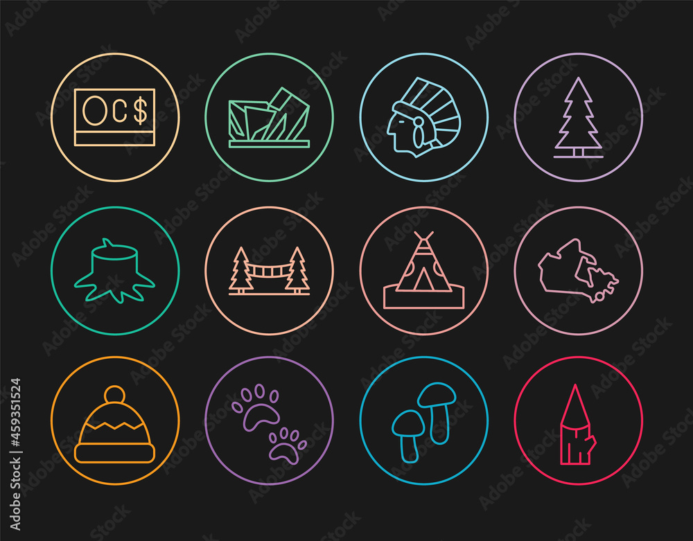 Set line Wooden log, Canada map, Native American Indian, Capilano Suspension Bridge, Tree stump, Canadian dollar, teepee or wigwam and Royal Ontario museum icon. Vector