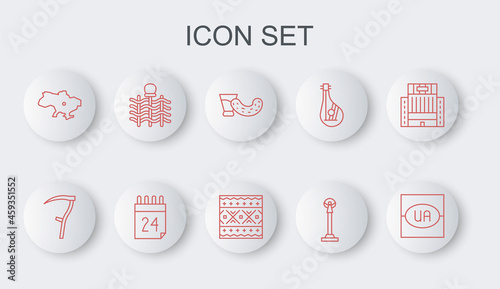 Set line Flag of Ukraine, Scythe, Glass with vodka, Monument Independence, Map, Wicker fence, day and Ukrainian ethnic pattern icon. Vector