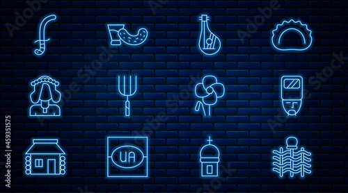 Set line Wicker fence, Ukrainian cossack, Bandura, Garden pitchfork, woman, Medieval sword, Poppy flower and Glass with vodka icon. Vector
