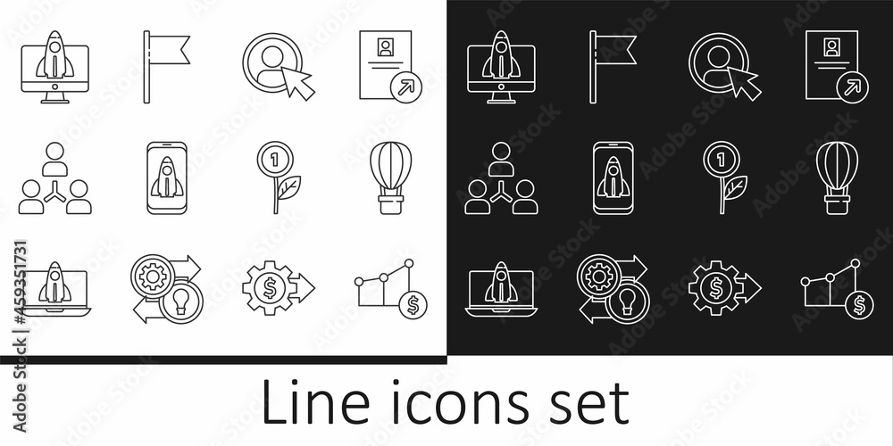 Set line Pie chart and dollar, Hot air balloon, Create account screen, Startup project concept, Project team base, Dollar plant and Location marker icon. Vector