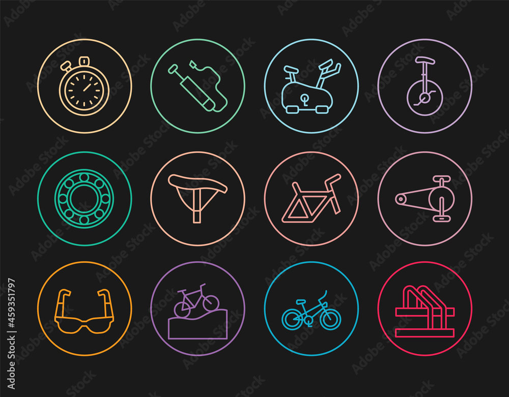 Set line Bicycle parking, chain with gear, Stationary bicycle, seat, ball bearing, Stopwatch, frame and air pump icon. Vector Set line Bicycle parking, chain with gear, Stationary bicycle, seat, ball bearing, Stopwatch, frame and air pump icon. Vector