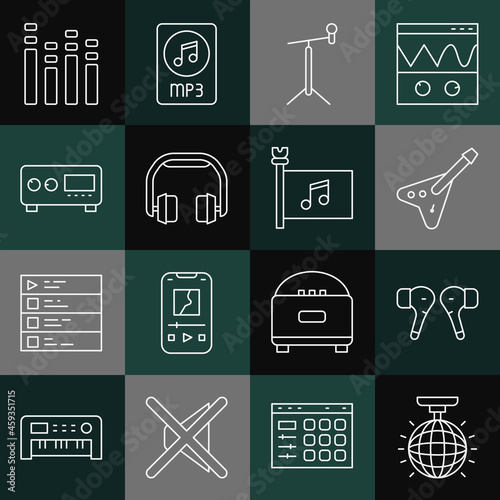 Set line Disco ball, Air headphones, Electric bass guitar, Microphone with stand, Headphones, Guitar amplifier, Music equalizer and festival flag icon. Vector