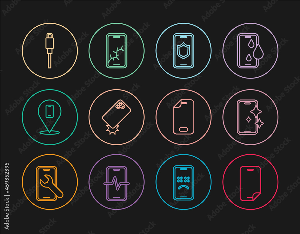 Set line Glass screen protector, Mobile with shield, Shockproof phone, Phone repair service, USB cable cord, and broken icon. Vector Set line Glass screen protector, Mobile with shield, Shockproof phone, Phone repair service, USB cable cord, and broken icon. Vector