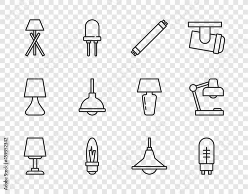 Set line Table lamp, Light emitting diode, Fluorescent, bulb, Floor, Lamp hanging, Chandelier and icon. Vector