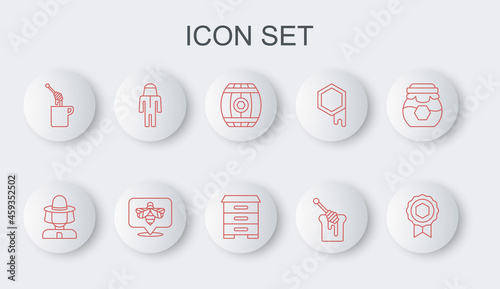 Set line Honey medal, Beekeeper with protect hat, Wooden barrel honey, dipper stick, and Hive for bees icon. Vector