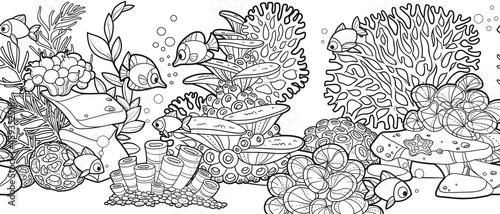 Horizontal seamless background from seabed and its inhabitants coral, anemones, seaweed, stones, flock of fishes linear drawing for coloring page