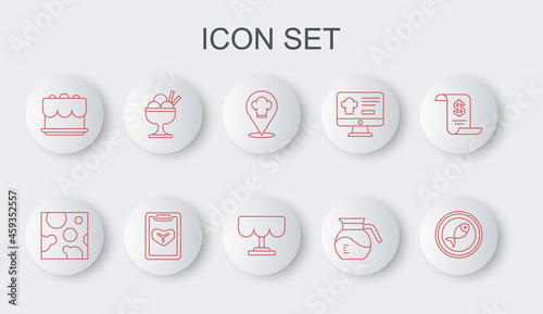 Set line Served fish on a plate, Cheese, Chef hat with location, Coffee pot, Cake, Ice cream in bowl, Restaurant cafe menu and Wooden table icon. Vector