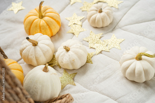 Sweet mini pumpkins and a garland of stars tumbled out of a wicker basket onto a blanket in a vortex of leaves. Thanksgiving day decor.