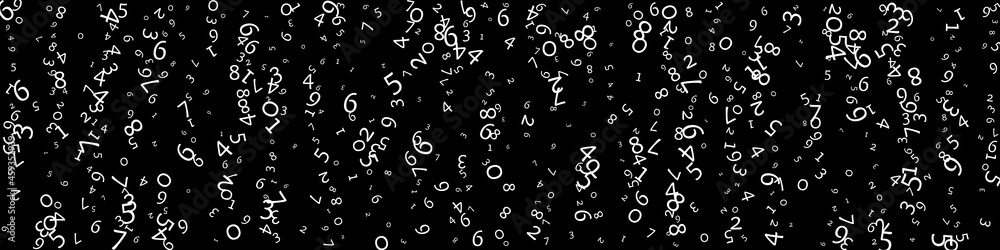Falling numbers, big data concept. Binary white messy flying digits. Fetching futuristic banner on black background. Digital vector illustration with falling numbers.