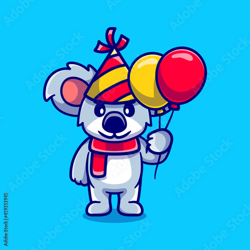 cute koala celebrating happy new year or birthday with balloons