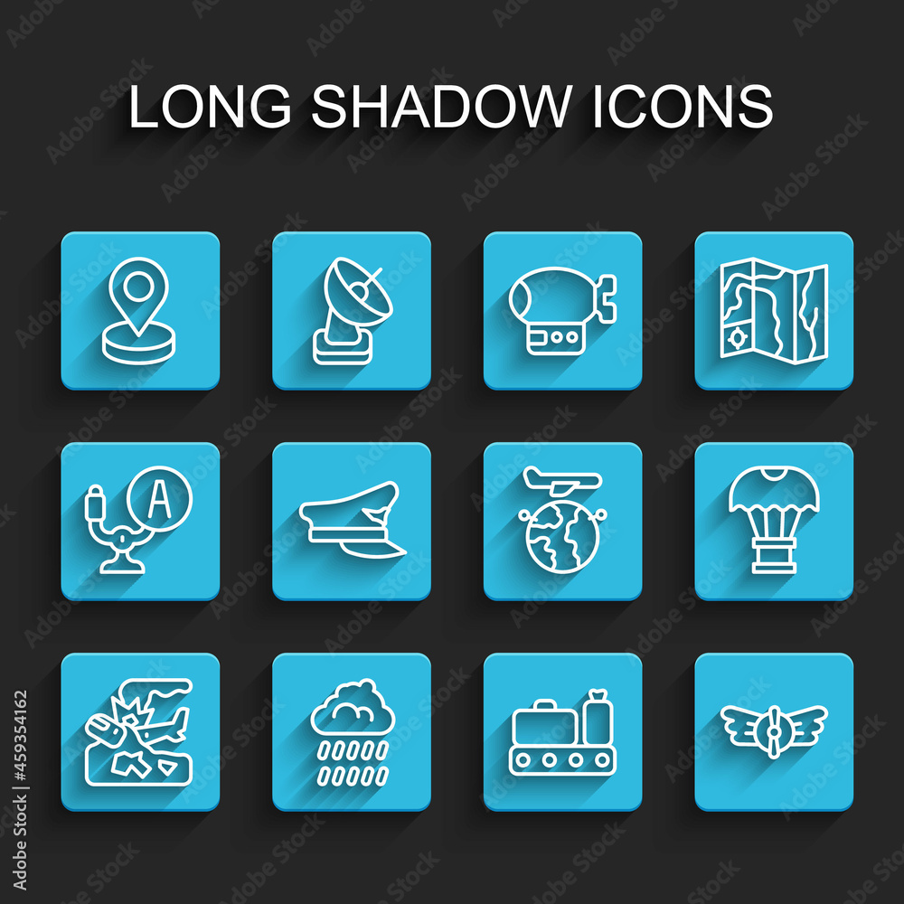 Set line Plane crash, Cloud with rain, Location, Conveyor belt suitcase, Aviation emblem, Pilot hat, Box flying parachute and Globe plane icon. Vector Set line Plane crash, Cloud with rain, Location, Conveyor belt suitcase, Aviation emblem, Pilot hat, Box flying parachute and Globe plane icon. Vector