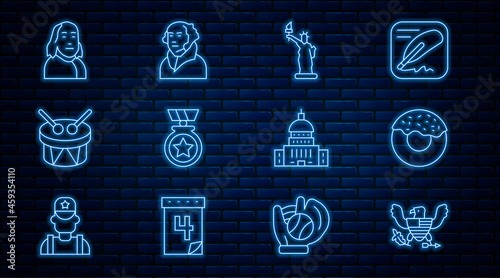 Set line Eagle, Donut, Statue of Liberty, Medal with star, Drum and drum sticks, Benjamin Franklin, White House and George Washington icon. Vector