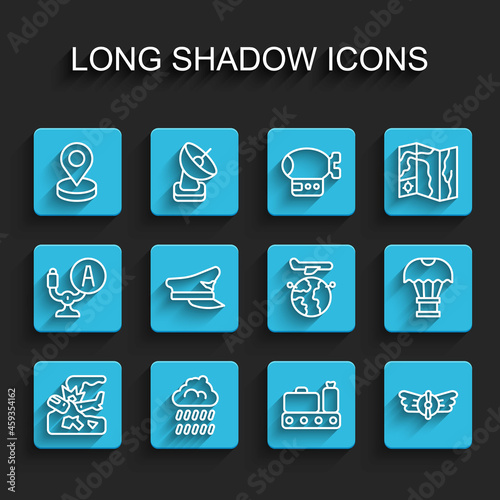Set line Plane crash, Cloud with rain, Location, Conveyor belt suitcase, Aviation emblem, Pilot hat, Box flying parachute and Globe plane icon. Vector