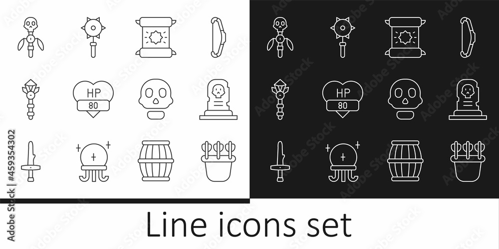 Set line Quiver with arrows, Grave tombstone, Decree, parchment, scroll, Video game bar, Magic wand, staff, Skull and Medieval chained mace ball icon. Vector Set line Quiver with arrows, Grave tombstone, Decree, parchment, scroll, Video game bar, Magic wand, staff, Skull and Medieval chained mace ball icon. Vector