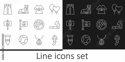 Set line Psilocybin mushroom, Cigarette, Peace dress print stamp, Flag peace, Jeans wide, No war and Sneakers icon. Vector