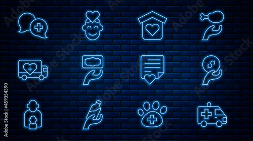 Set line Ambulance car, Donation and charity, Shelter for homeless, Humanitarian truck, Dialogue with doctor, Envelope heart and Volunteer icon. Vector